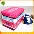 Household useful pink car/bus printing imitation leather foldable storage organizer bin with opening lid and MDF